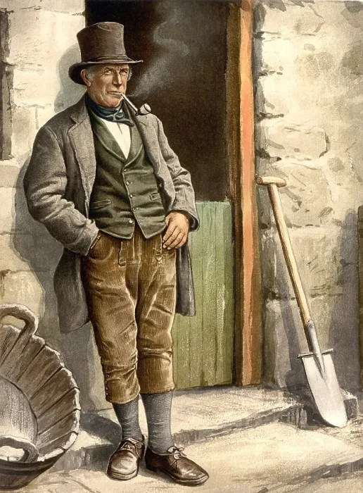 Framed Print : Irish Farmer, of the late 19th century wearing knee britches, top hat and smoking his pipe
