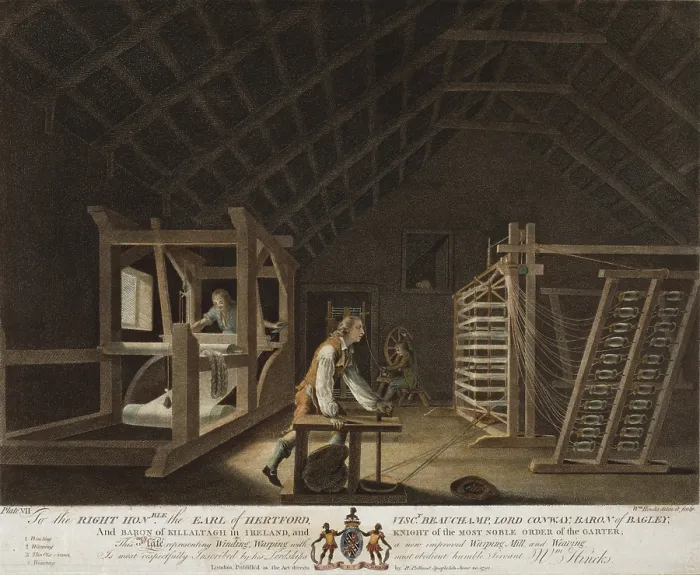 Framed Print : Irish Linen manufacture, 1781. Interior view of a mill where three men are engaged in winding, warping, and weaving yarn Framed Print : Irish Linen manufacture, 1781. Interior view of a mill where three men are engaged in winding, warping, and weaving yarn