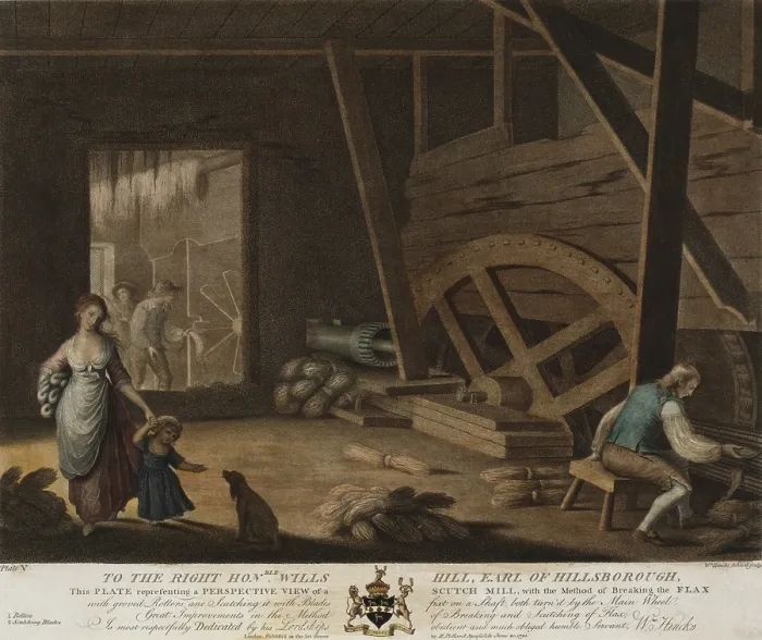 Framed Print : Irish Linen manufacture, 1782. A scutch mill (at left) had rollers and blades to break and beat flax to remove the woody fiber called the boon