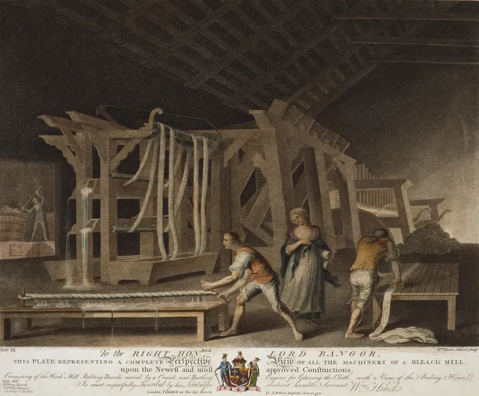 Framed Print : Irish Linen manufacture, 1782. Interior view of a bleach mill where three men and a woman are washing, rubbing, glazing and boiling linen fabric