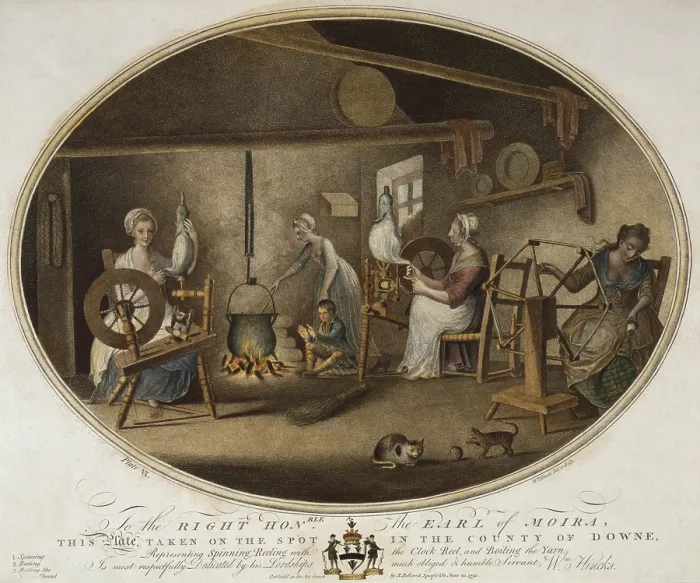 Framed Print : Irish Linen manufacture, 1782. Workshop in a dwelling where four women are using time traditional methods of spinning, reeling, and boiling yarn Framed Print : Irish Linen manufacture, 1782. Workshop in a dwelling where four women are using time traditional methods of spinning, reeling, and boiling yarn