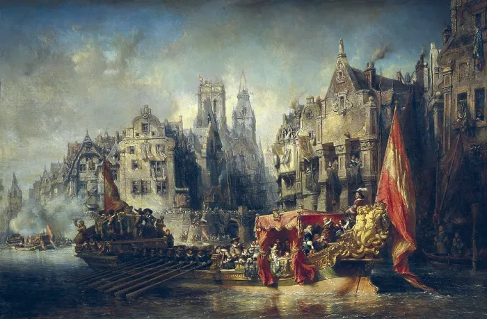 Framed Print : ISABEY, Eugene (1803-1886). The Arrival of Fernando Alvarez de Toledo, Duke of Alba at Rotterdam in 1567 (Arrive du duc d'Albe Rotterdam). 1844. Event of 1567. Oil on canvas