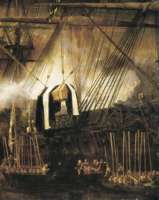 Framed Print : ISABEY, Eugene (1803-1886). Transfer of Napoleon's remains aboard of 'La belle Poule'. 1840. Left detail. Historical scene that happened the 15th October 1840