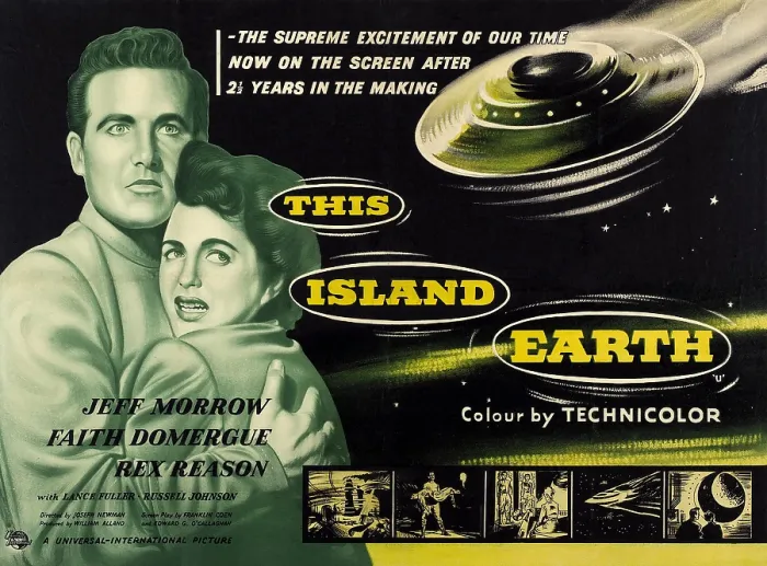 Framed Print : THIS ISLAND EARTH, l-r: Rex Reason, Faith Domergue on UK poster art, 1955