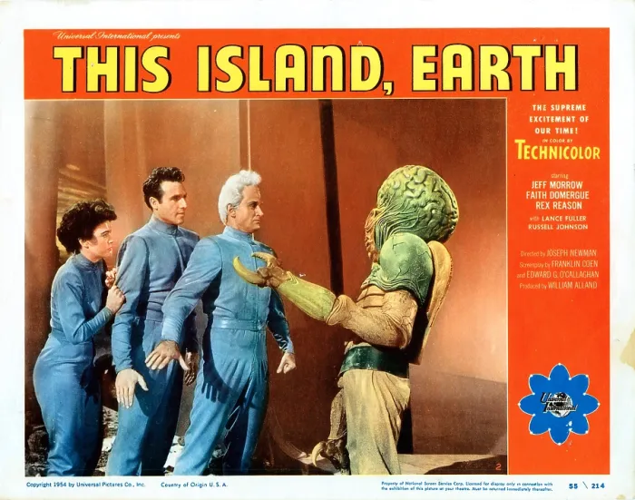 Framed Print : THIS ISLAND EARTH, US lobbycard, from left: Faith Domergue, Rex Reason, Jeff Morrow, 1955