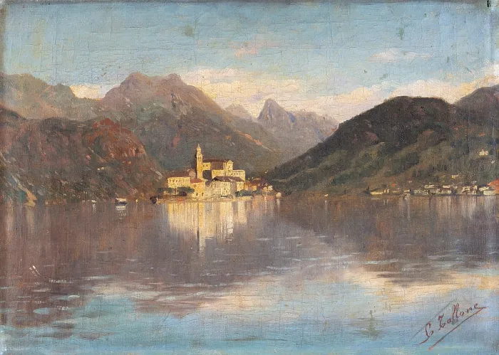Framed Print : The Isle of San Giulio in the Lake Orta, by Cesare Tallone, 1874 about, 19th Century, oil on canvas, cm 27 x 38 - Italy, private collection