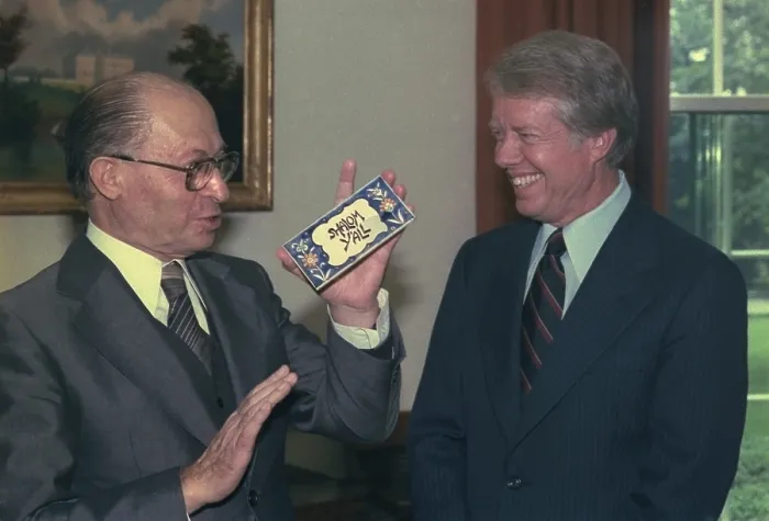 Framed Print : Israeli Prime Minister Menahem Begin presents Jimmy Carter with a welcoming Shalom Ya'll card in the White House Oval Office. March 2 1979 Framed Print : Israeli Prime Minister Menahem Begin presents Jimmy Carter with a welcoming Shalom Ya'll card in the White House Oval Office. March 2 1979
