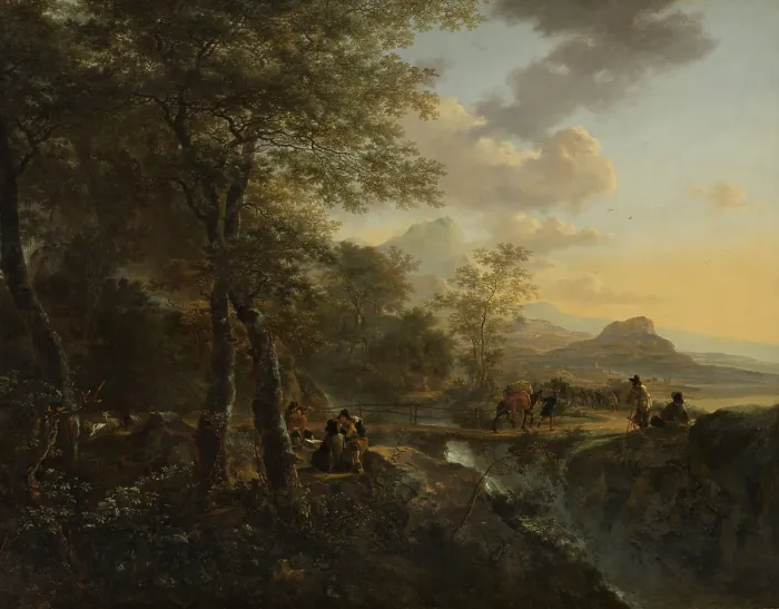 Framed Print : Italian Landscape with a Draughtsman, by Jan Both, 1650-52, Dutch painting, oil on canvas. Walking and riding travelers pass over a bridge in an Italian landscape
