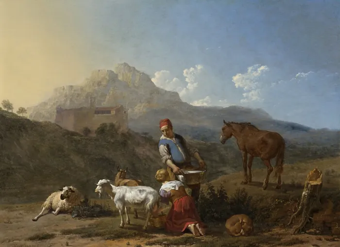 Framed Print : Italian Landscape with Girl Milking a Goat, by Karel Dujardin, 1652, Dutch painting, oil on panel. Standing next to her is a peasant with a tub filled with milk (BSLOC_2016_3_300) Framed Print : Italian Landscape with Girl Milking a Goat, by Karel Dujardin, 1652, Dutch painting, oil on panel. Standing next to her is a peasant with a tub filled with milk (BSLOC_2016_3_300)