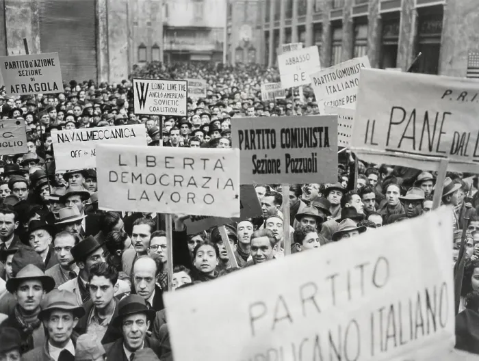 Framed Print : Italian men in Naples waved banners and signs as they demonstrated in Naples