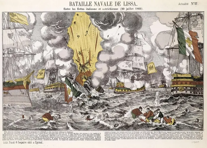 Framed Print : Italian Unification. Battle of Lissa (July 20, 1866). Naval battle between the Italian and Austrian navies in front the town of Lissa, in Adriatic Sea. Etching. ITALY. Milan