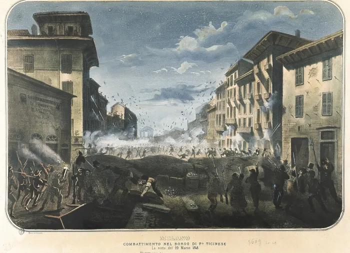 Framed Print : Italian Unification. Insurrection of the Five Days of Milano (18-21 March 1848) against Austrian rule. Combat in the Ticinese Gate in the night of 20 March. Etching. ITALY. Milan