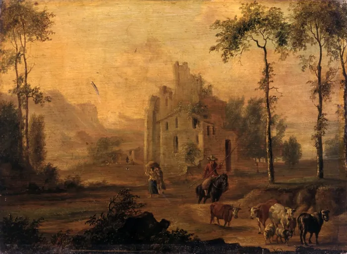 Framed Print : Italianate Landscape with herd, after Jan Asselijn, 17th Century, oil on board, 30 x 43 cm - Italy, Lombardy, Milan, Castello Sforzesco, Civic Collections of Ancient Art