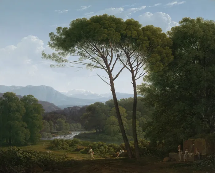 Framed Print : Italianate Landscape with Pines, by Hendrik Voogd, 1795 Dutch painting, oil on canvas
