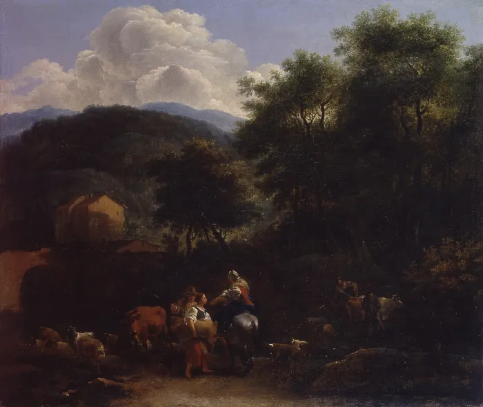 Framed Print : Italianate landscape with shepherds and flock, by Nicolaes Pietersz Berchem, 17th century, oil on canvas. - Italy, Lombardy, Milan, Castello Sforzesco, Museum of Ancient Art Framed Print : Italianate landscape with shepherds and flock, by Nicolaes Pietersz Berchem, 17th century, oil on canvas. - Italy, Lombardy, Milan, Castello Sforzesco, Museum of Ancient Art