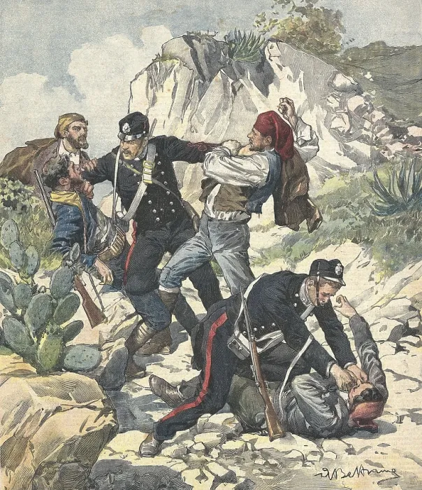 Framed Print : Italy (1902). Carabiniers arrest a bandit and his gang in Trapani. Illustration of Achille Beltrame from 'Domenica del Corriere' (February 231902). Engraving Framed Print : Italy (1902). Carabiniers arrest a bandit and his gang in Trapani. Illustration of Achille Beltrame from 'Domenica del Corriere' (February 231902). Engraving