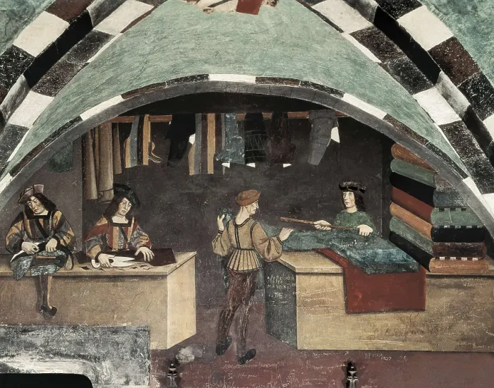 Framed Print : ITALY. Issogne. Issogne Castle. Tailor's shop (15th c.). Renaissance art. Quattrocento. Fresco. AISA / Everett Collection**US SALES ONLY** Framed Print : ITALY. Issogne. Issogne Castle. Tailor's shop (15th c.). Renaissance art. Quattrocento. Fresco. AISA / Everett Collection**US SALES ONLY**