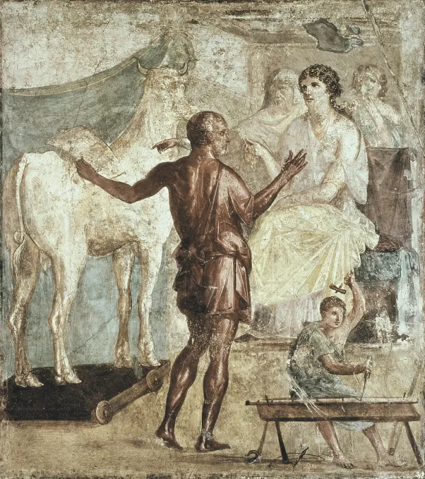 Framed Print : ITALY. Pompeii. House of the Vettii. Daedalus presents the artificial cow to Pasipha. 1st C. A.D. Roman art. Early Empire. Painting; Fresco