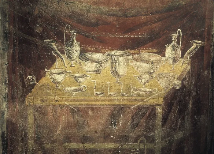 Framed Print : ITALY. Pompeii. Vesuvius Gate. Tomb of Caius Vestorius Priscus. Inner detail of north wall. Wall painting with various ware used on a funeral feast. 1st c. B.C. Roman art