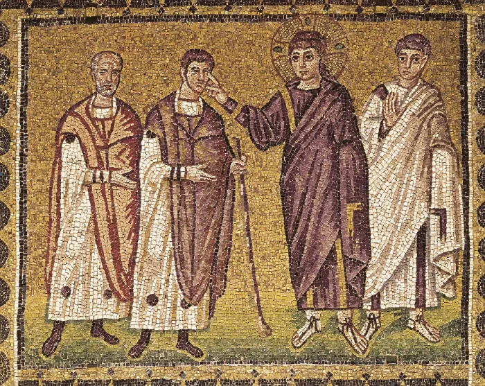 Framed Print : ITALY. Ravenna. Basilica of Sant'Apollinare Nuovo. Recovery of blind men of Jericho (6th c.). Upper section of the left wall of the main nave. Byzantine art. Mosaic