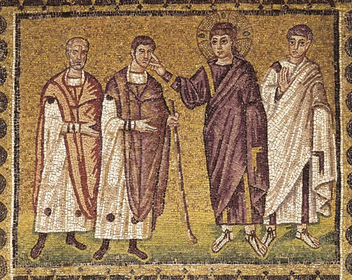Framed Print : ITALY. Ravenna. San Apollinare Nuovo. Recovery of blind men of Jericho (6th c.). Upper section of the left wall of the main nave. Byzantine art. Mosaic Framed Print : ITALY. Ravenna. San Apollinare Nuovo. Recovery of blind men of Jericho (6th c.). Upper section of the left wall of the main nave. Byzantine art. Mosaic