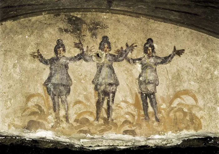 Framed Print : ITALY. Rome. Catacombs of Priscilla. Three Hebrews in the furnace. Decoration of the cublicle of the chapel of rest. Paleo-christian art. Fresco Framed Print : ITALY. Rome. Catacombs of Priscilla. Three Hebrews in the furnace. Decoration of the cublicle of the chapel of rest. Paleo-christian art. Fresco