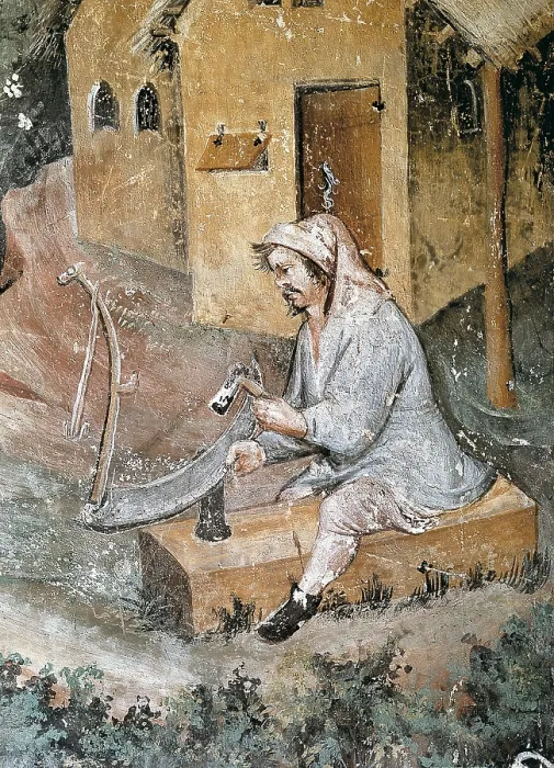 Framed Print : ITALY. Trento. Castle Buonconsiglio. Eagle's Tower. Cycle of the Months. Detail of a farmer sharpening the scythe. International gothic. Fresco