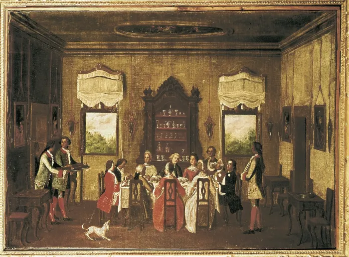 Framed Print : ITALY. Venice. Musei Civici Veneziani - Casa di Carlo Goldoni (Venetian Civic Museum - House of Carlo Goldoni). Meal of Venetian patrices (17th c.). Work of anonymous author