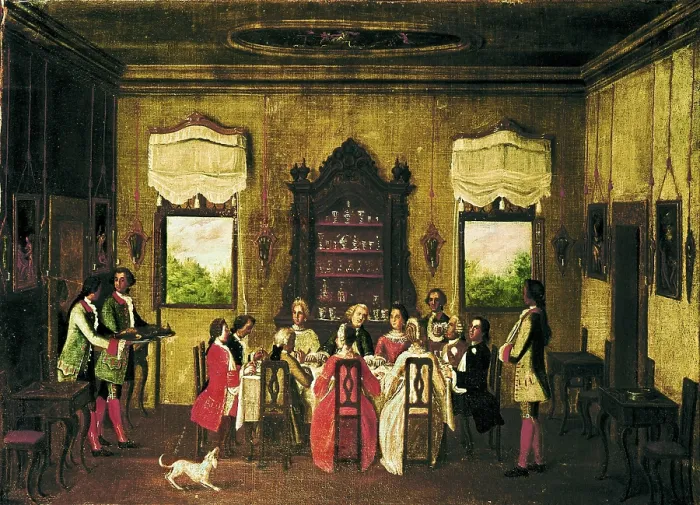 Framed Print : ITALY. Venice. Musei Civici Veneziani - Casa di Carlo Goldoni (Venetian Civic Museum - House of Carlo Goldoni). Meal of Venetian patrices (17th c.). Work of anonymous author Framed Print : ITALY. Venice. Musei Civici Veneziani - Casa di Carlo Goldoni (Venetian Civic Museum - House of Carlo Goldoni). Meal of Venetian patrices (17th c.). Work of anonymous author