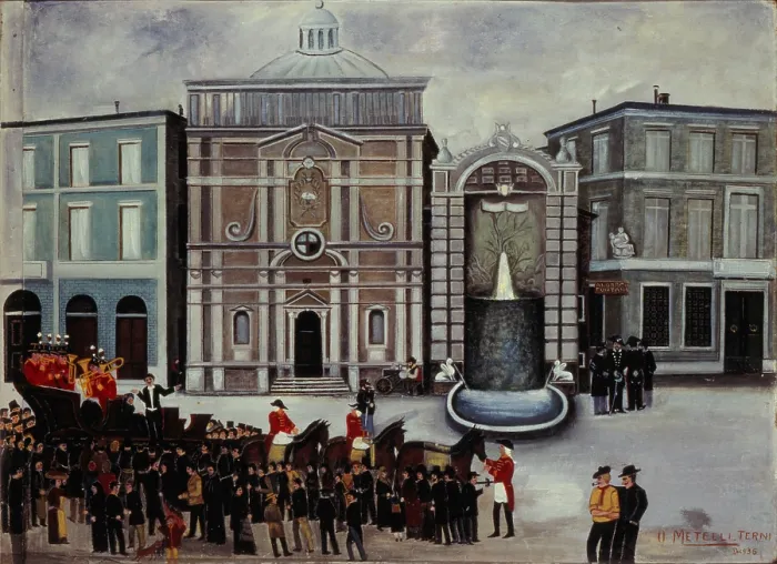 Framed Print : The Itinerant Dentist, by Orneore Metelli, 1936, 20th Century, oil on cardboard, 62 x 85 cm - Italy, Umbria, Terni, Civic Collection Orneore Metelli. Whole artwork view