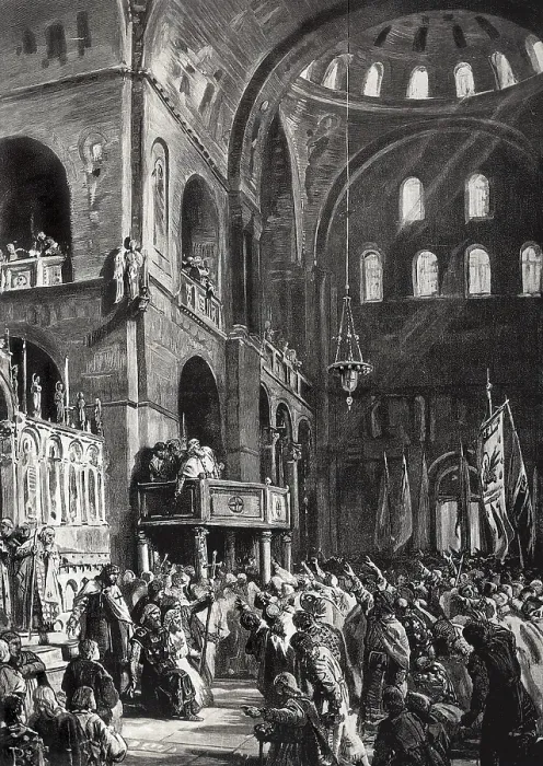 Framed Print : IV Crusade (1202-1204). The Dux of Venice Enrico Dandolo blesses the crusade in the church of Saint Mark before leaving to Zara. Engraving