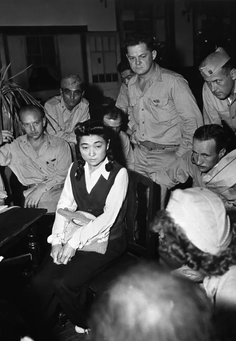 Framed Print : Iva Toguri, was one of several English speaking, Tokyo Rose radio broadcasters. Photo shows her with U.S. Navy officers, being interviewed by newsmen in Sept. 1945 Framed Print : Iva Toguri, was one of several English speaking, Tokyo Rose radio broadcasters. Photo shows her with U.S. Navy officers, being interviewed by newsmen in Sept. 1945