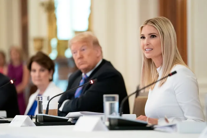 Framed Print : Ivanka Trump, speaks as co-chair of the American Workforce Policy Advisory Board. Her father, President Donald Trump, looks on, June 26, 2020 (BSLOC_2020_5_9)