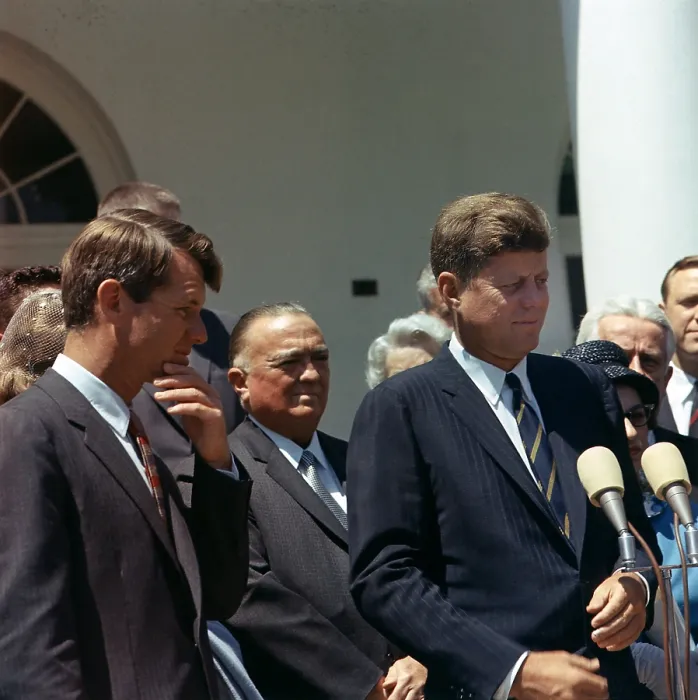 Framed Print : J. Edgar Hoover joins President John Kennedy for White House ceremony. L to R: Attorney General Robert Kennedy, J. Edgar Hoover, President Kennedy. May 7, 1963