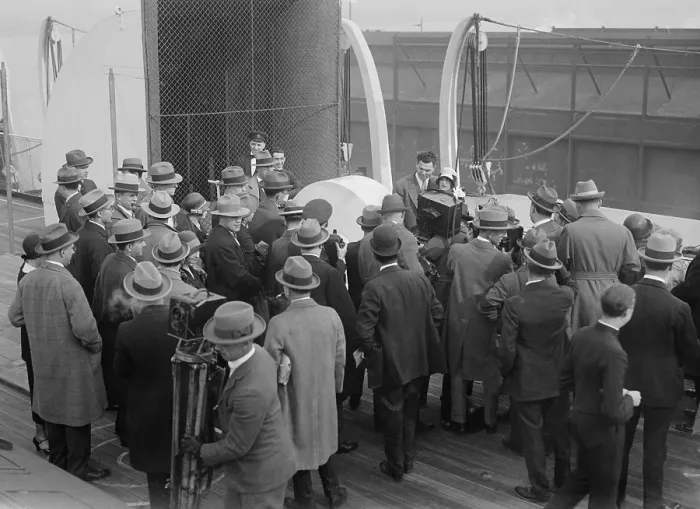Framed Print : Jack Dempsey and actress Estelle Taylor mobbed by a crowd of reporters and photographers. They were among the passengers on an ocean liner in New York City, May 6, 1925 Framed Print : Jack Dempsey and actress Estelle Taylor mobbed by a crowd of reporters and photographers. They were among the passengers on an ocean liner in New York City, May 6, 1925