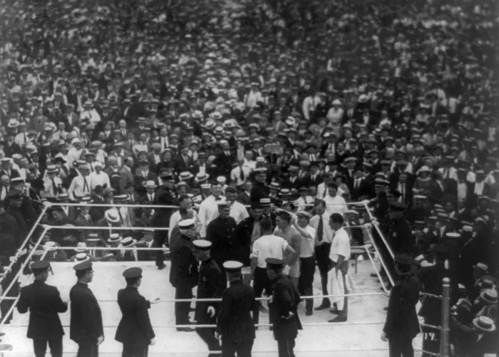 Framed Print : Jack Dempsey and Georges Carpentier in arena before their fight for the World Heavyweight title. Boyle's Thirty Acre, Jersey City, July 2, 1921. Photo by F.C. Quimby