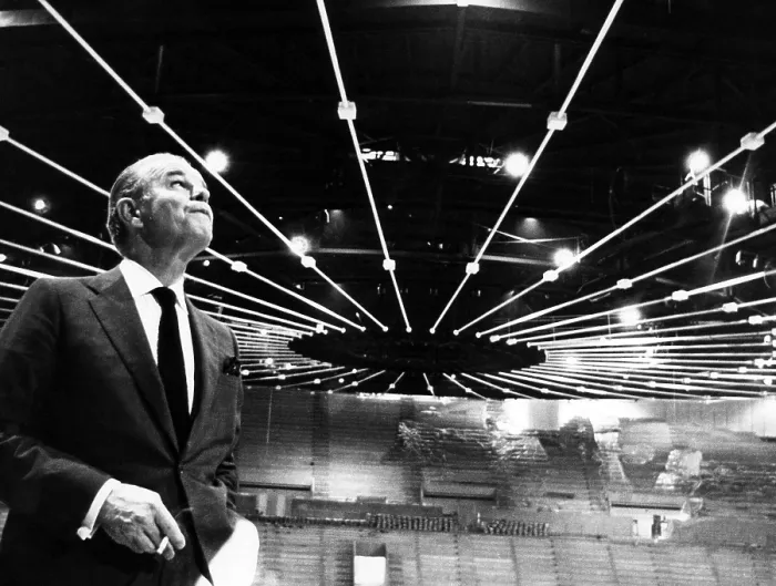 Framed Print : Jack Kent Cooke in the Forum sports arena he built for the Los Angeles Lakers and the Los Angeles Kings. He owns both teams, 1967. Courtesy: CSU Archives / Everett Collection