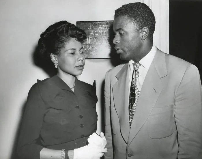 Framed Print : Jackie Robinson, Brooklyn baseball player and his wife Rachel outside the HUAC committee room. July 18, 1949