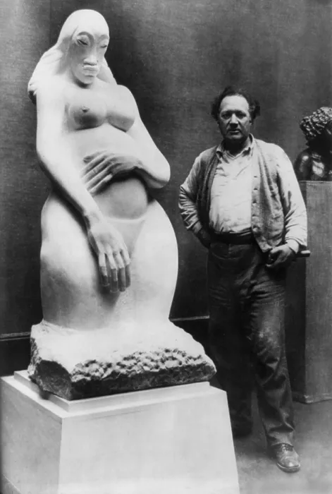 Framed Print : Jacob Epstein, British sculptor with Genesis, an expressionist pregnant nude, 1931. Image has fine art copyright