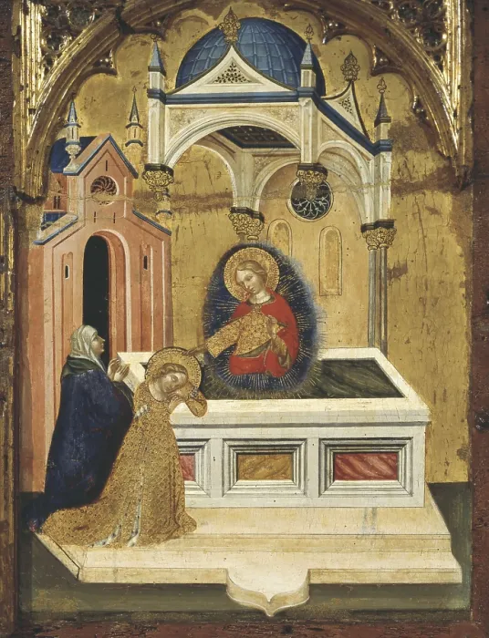 Framed Print : JACOBELLO del FIORE (1370-1439). Saint Lucia and her Mother with the Vision of Saint Agatha in Catania. ca. 1410. Renaissance art. Quattrocento. Oil on wood. ITALY. Fermo