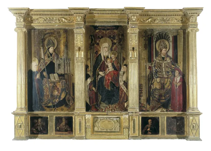 Framed Print : JACOMART, Jaume Bao, called (1410-1461). Altarpiece of Saint Ildefonso and St. Augustine of Hippo.1450s. SPAIN. Xtiva. Collegiate Basilica of Santa Maria la Seu. Renaissance art