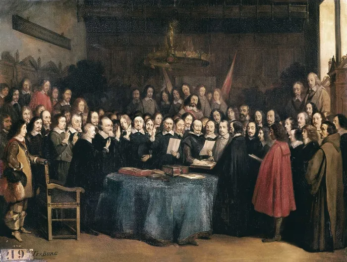 Framed Print : JACQUAND, Claude (1840-1878). Congress of Munster. 15th May 1648. 1837. Thirty Years War. Peacy teatry before the Peace of Wesphalia