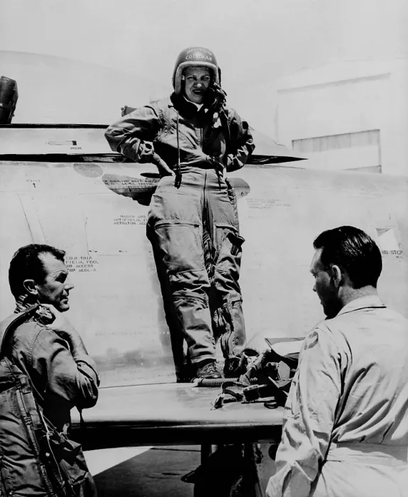 Framed Print : Jacqueline Cochran 1906-1980 standing next to her plane with Chuck Yeager and Bill Longhurst at Edwards Air Force Base California Framed Print : Jacqueline Cochran 1906-1980 standing next to her plane with Chuck Yeager and Bill Longhurst at Edwards Air Force Base California