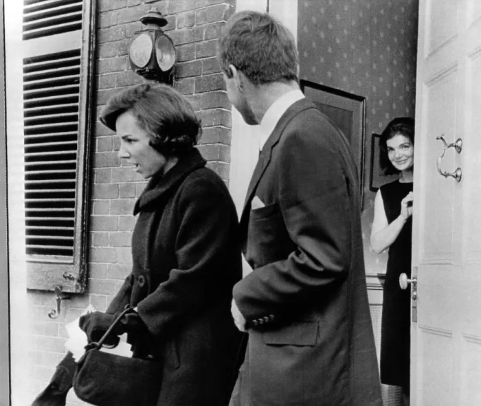 Framed Print : Jacqueline Kennedy, in doorway of her temporary Georgetown home after leaving the White House. Robert and Ethel Kennedy, helped the former First Lady move out of the White House