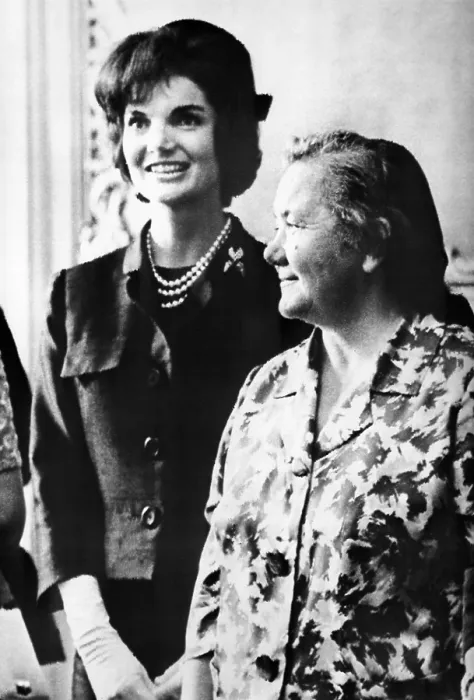 Framed Print : Jacqueline Kennedy and Nina Khrushchev (right) during a luncheon given in their honor in Vienna, Austria Framed Print : Jacqueline Kennedy and Nina Khrushchev (right) during a luncheon given in their honor in Vienna, Austria