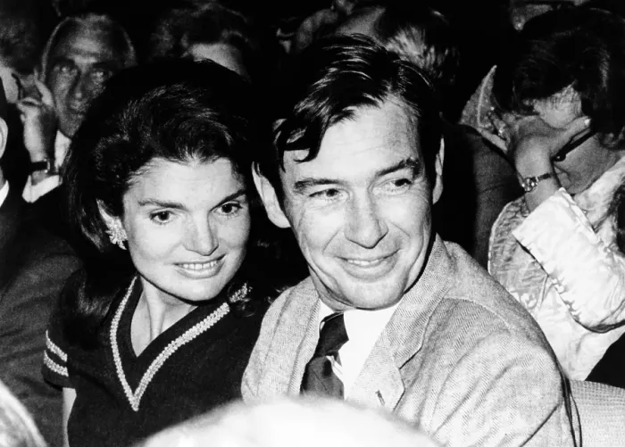 Framed Print : Jacqueline Kennedy Onassis and architect Edward Barnes attend a broadway musical, Forty Carats'. He was a friend, and with her theater party. May 21, 1969