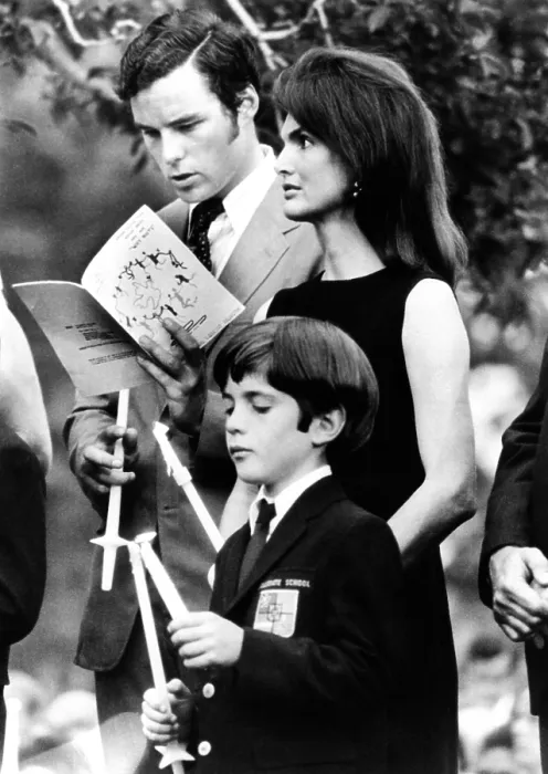 Framed Print : Jacqueline Kennedy Onassis and her son John Kennedy Jr. attend a memorial mass for the late Robert Kennedy on the first anniversary of his assassination