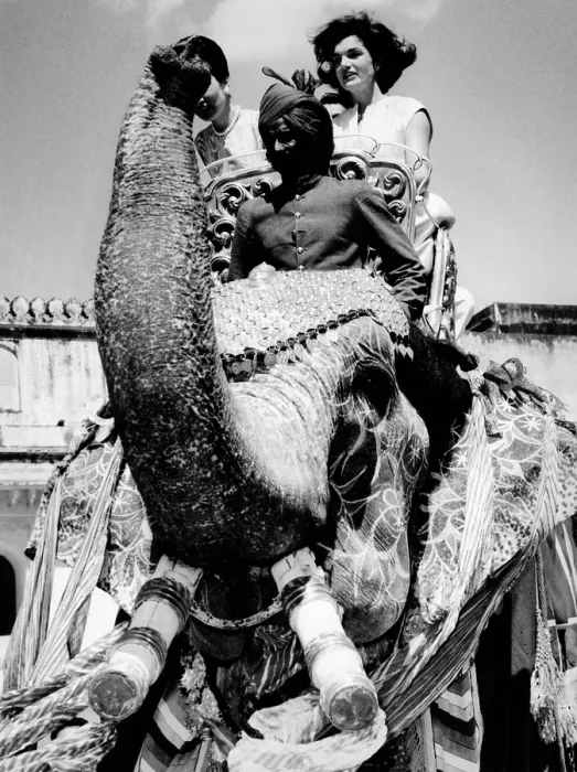 Framed Print : Jacqueline Kennedy and her sister, Princess Lee Radziwill (at left) take a ride atop an elephant