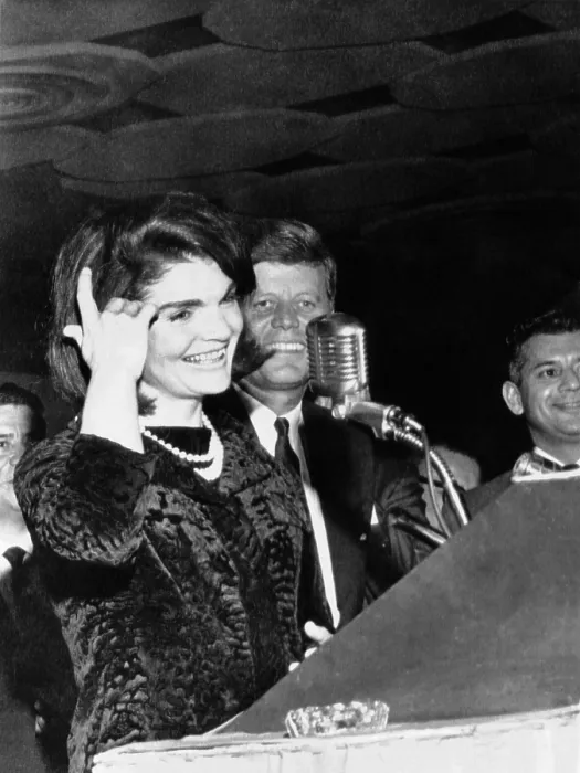 Framed Print : Jacqueline Kennedy speaking in Spanish to the League of United Latin American Citizens. She and President Kennedy were at banquet on November 21, 1963 in Houston, Texas