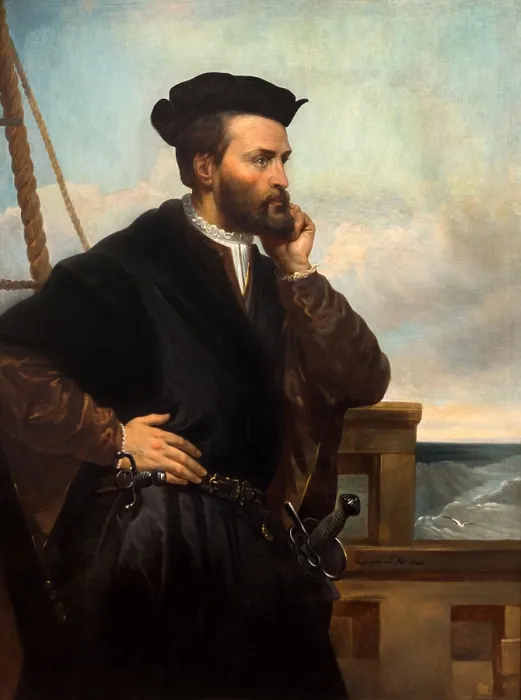Framed Print : JACQUES CARTIER, 1844, painting, oil on canvas by Theophile Hame, after Francois Nicholas. Cartier's three expeditions (1534, 1535-36, 1541-42) to the St Framed Print : JACQUES CARTIER, 1844, painting, oil on canvas by Theophile Hame, after Francois Nicholas. Cartier's three expeditions (1534, 1535-36, 1541-42) to the St